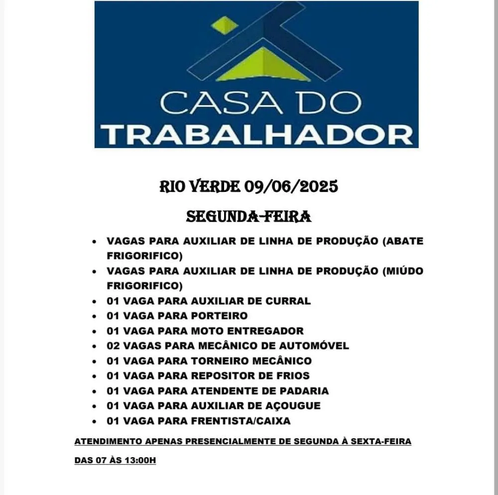 Casa do Trabalhador em Rio Verde Abre Diversas Vagas de Emprego em Diferentes Áreas nesta segunda feira 09 de junho 