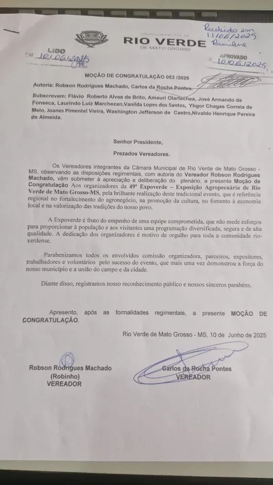 Câmara Municipal homenageia organizadores da 49ª Expoverde com Moção de Congratulação