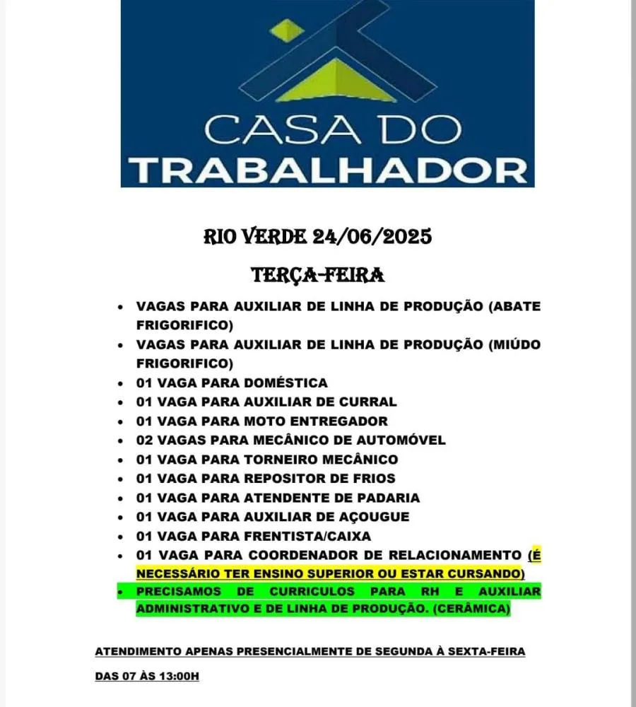 Casa do Trabalhador em Rio Verde Abre Diversas Vagas de Emprego em Diferentes Áreas nesta terça feira 24 de junho 