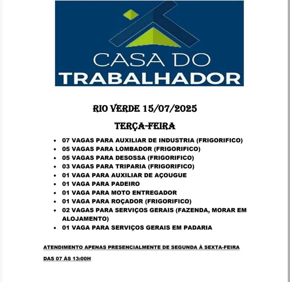 Casa do Trabalhador em Rio Verde Abre Diversas Vagas de Emprego em Diferentes Áreas nesta terça feira dia 15 de julho 