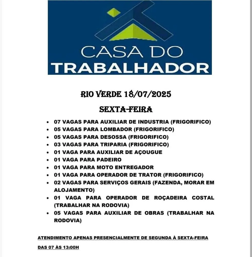 Casa do Trabalhador em Rio Verde Abre Diversas Vagas de Emprego em Diferentes Áreas nesta sexta feira 18 de julho 