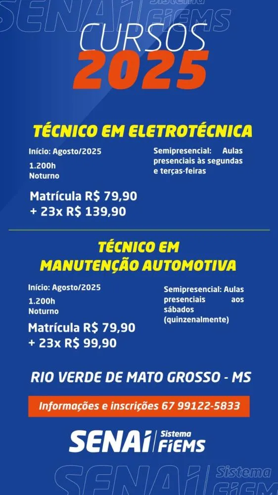 SENAI de Rio Verde de MT-MS oferece cursos técnicos com mensalidades acessíveis e foco em empregabilidade