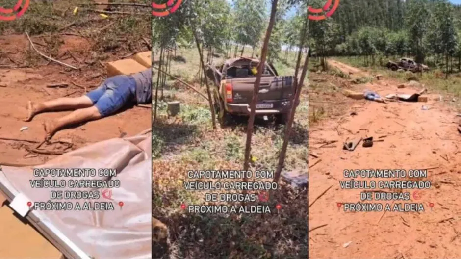 Traficante escapa da morte ao capotar S10 recheada de droga em Caarapó (vídeo)