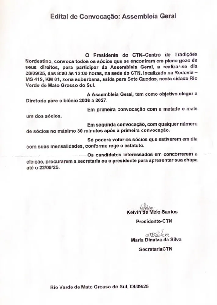 CTN de Rio Verde convoca Assembleia Geral para eleição da nova diretoria