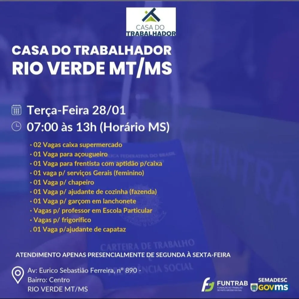 Casa do Trabalhador em Rio Verde Abre Diversas Vagas de Emprego em Diferentes Áreas