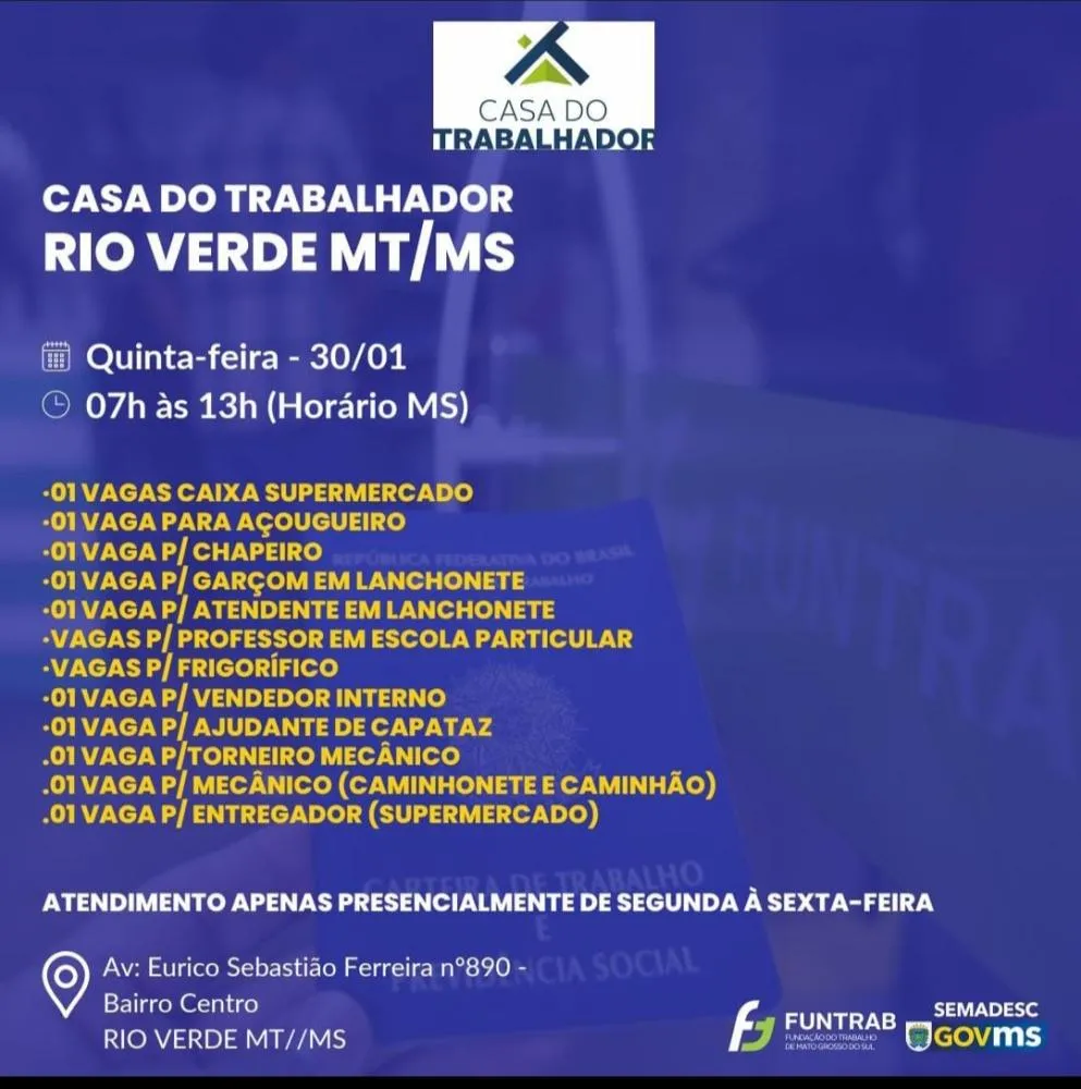 Casa do Trabalhador em Rio Verde Abre Diversas Vagas de Emprego em Diferentes Áreas