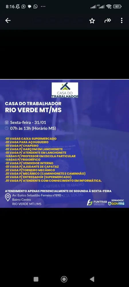 Casa do Trabalhador em Rio Verde Abre Diversas Vagas de Emprego em Diferentes Áreas