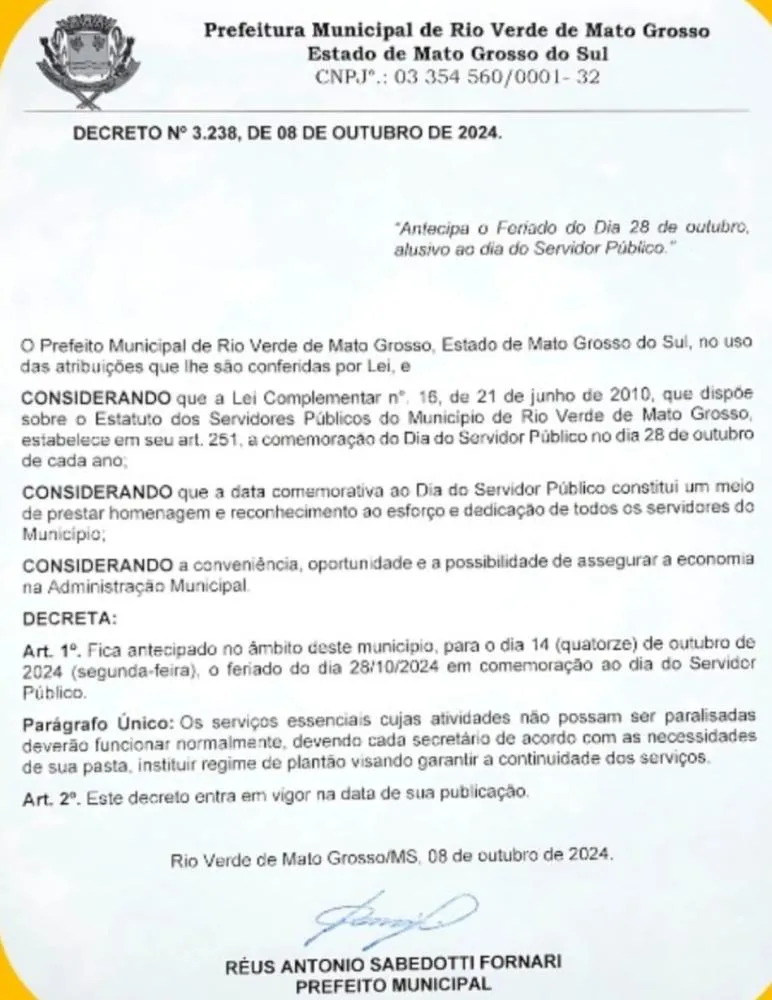 Prefeito Réus Fornari Antecipa Feriado do Dia do Servidor Público em Rio Verde