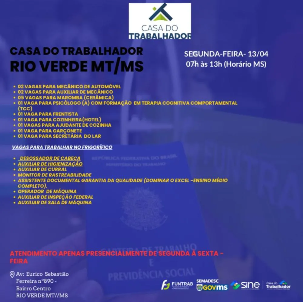 Rio Verde de Mato Grosso oferece novas vagas de emprego nesta segunda-feira (13)