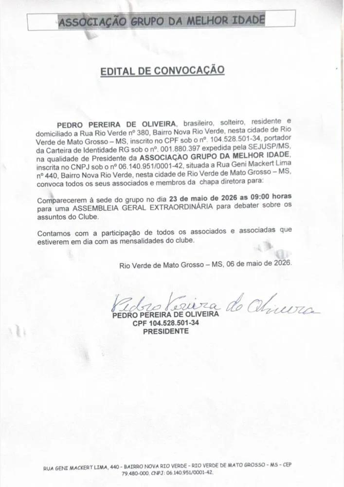 Associação da Melhor Idade convoca Assembleia Geral Extraordinária em Rio Verde