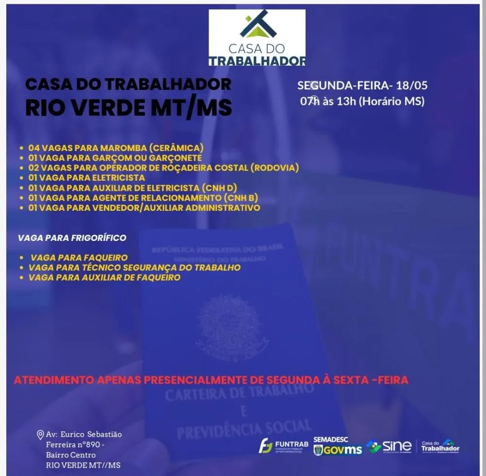 Rio Verde de Mato Grosso oferece novas vagas de emprego nesta segunda-feira (18)