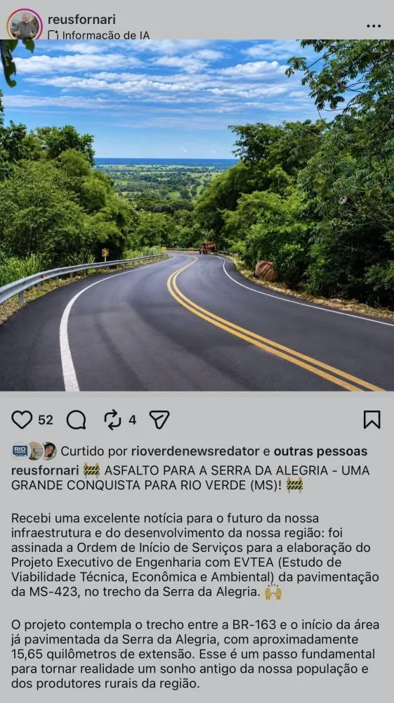 Prefeito Réus Fornari anuncia avanço histórico para pavimentação da Serra da Alegria em Rio Verde (MS)