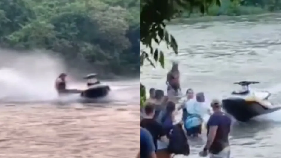 Piloto vai fazer manobra com jet ski, cai na água e quase acerta banhistas em Coxim