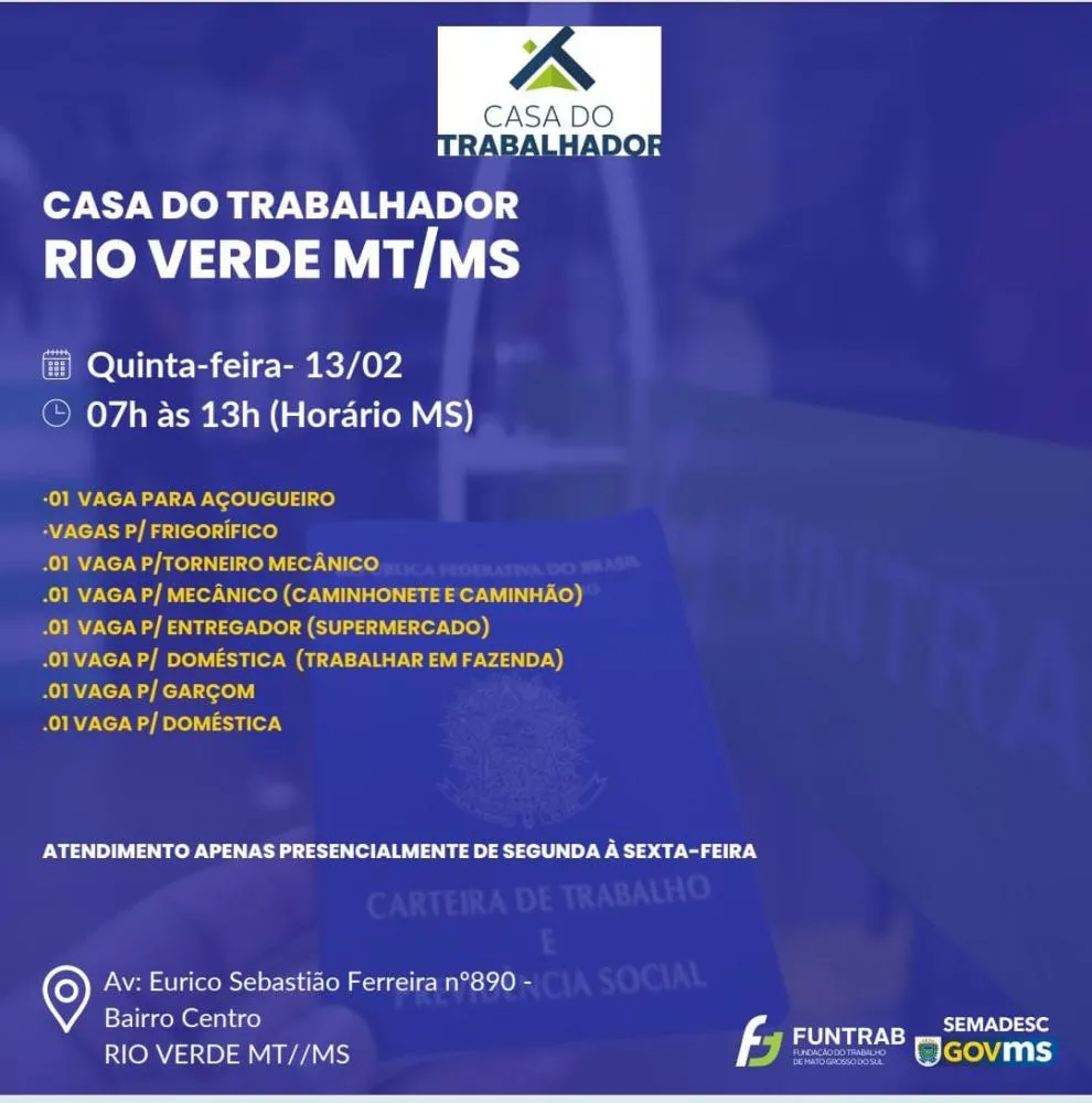 Casa do Trabalhador em Rio Verde Abre Diversas Vagas de Emprego em Diferentes Áreas