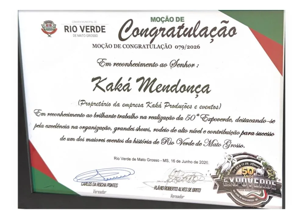 Empresário Kaka Mendonça recebe Moção de Congratulação da Câmara de Rio Verde pelo trabalho na organização da 50ª Expoverde