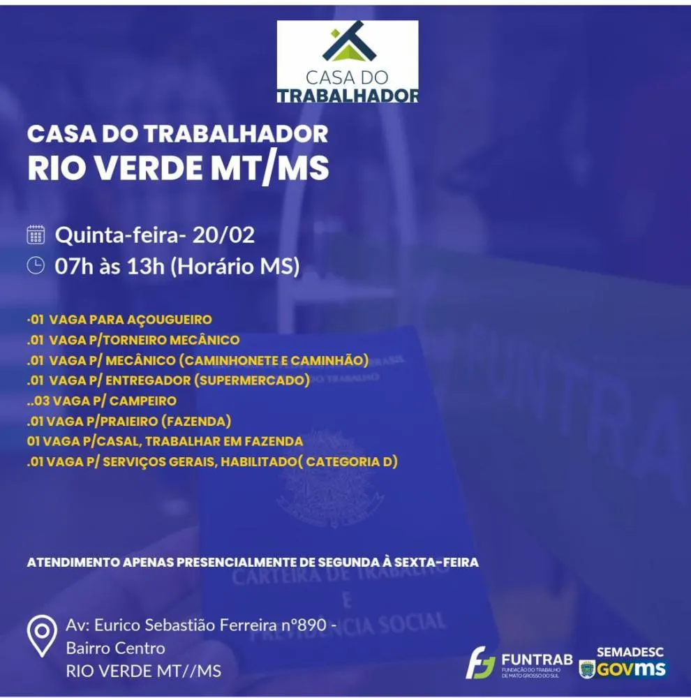 Casa do Trabalhador em Rio Verde Abre Diversas Vagas de Emprego em Diferentes Áreas
