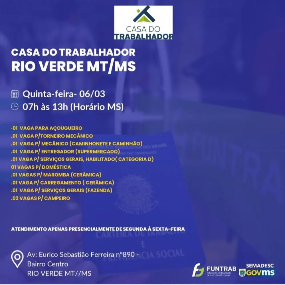 Casa do Trabalhador em Rio Verde Abre Diversas Vagas de Emprego em Diferentes Áreas