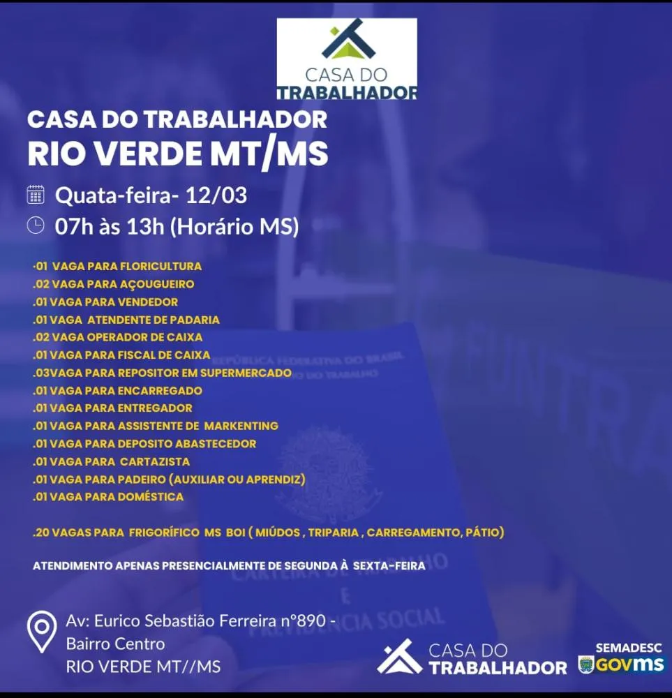 Casa do Trabalhador em Rio Verde Abre Diversas Vagas de Emprego em Diferentes Áreas
