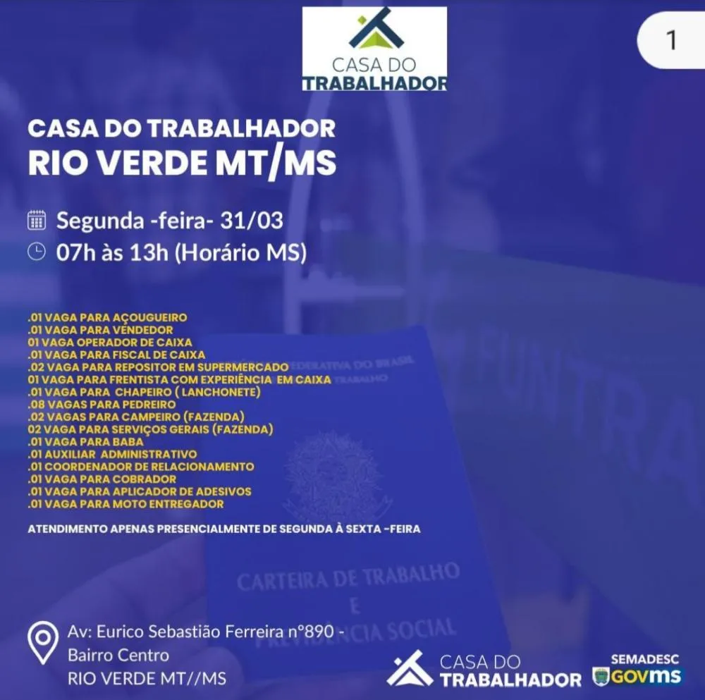 Casa do Trabalhador em Rio Verde Abre Diversas Vagas de Emprego em Diferentes Áreas