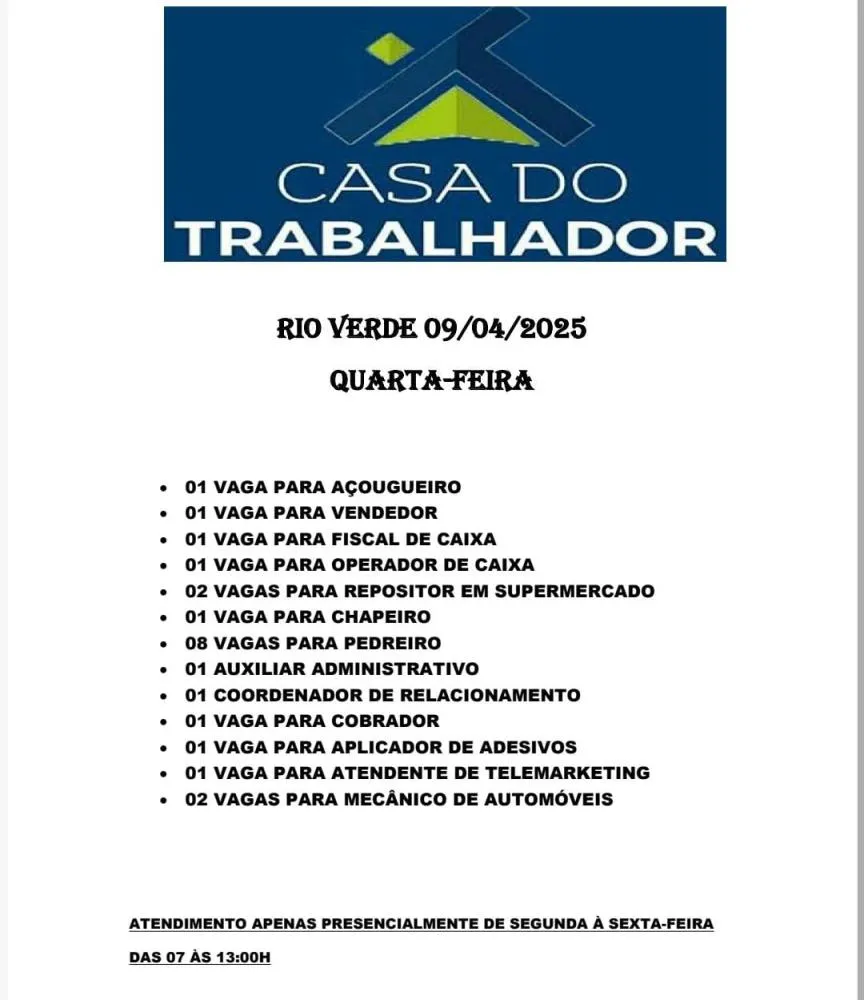 Casa do Trabalhador em Rio Verde Abre Diversas Vagas de Emprego em Diferentes Áreas