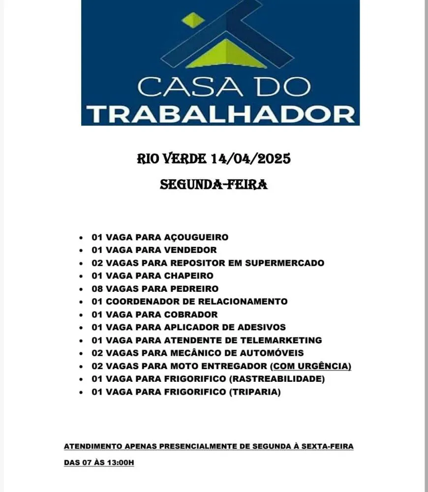 Casa do Trabalhador em Rio Verde Abre Diversas Vagas de Emprego em Diferentes Áreas nesta segunda feira dia 14