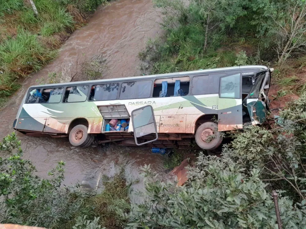 Ônibus com trabalhadores de eucalipto perde controle e despenca de ponte Pontinha do Cocho