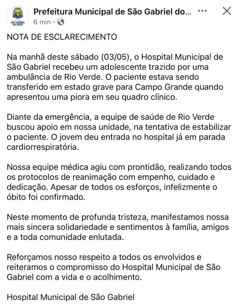 Prefeitura de São Gabriel do Oeste publica nota sobre morte de jovem de Rio Verde em hospital municipal